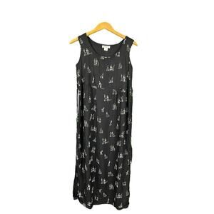 Dan Howard Black Maxi Dress Women Size Small Vintage Stick Family Print Tie Back